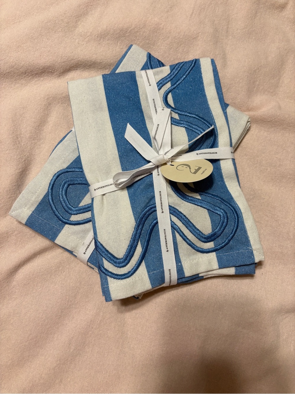 Anthropologie Madeline Striped Embroidered Dinner Napkins Set of 4 - Picture 3 of 5